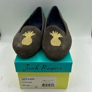 dark gray gold pineapple embroidered Jack Rogers Anice Suede flats size 8